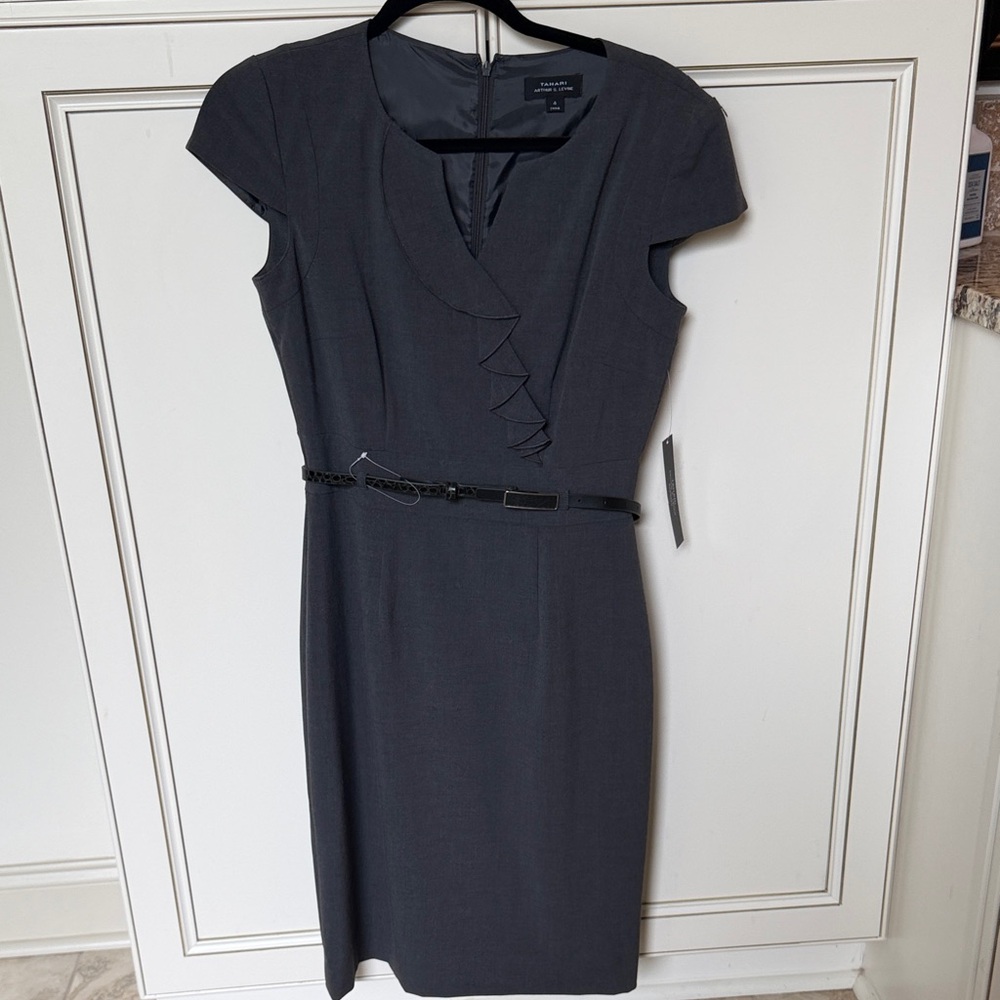 Tahari ASL Charcoal Cap-Sleeve Sheath Dress with Belt Detail